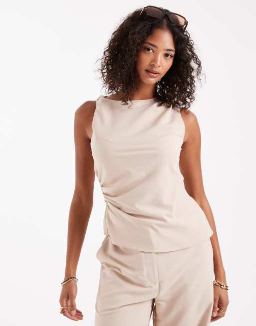 ASOS DESIGN - Top asimmetrico con arricciatura color tortora in coordinato 