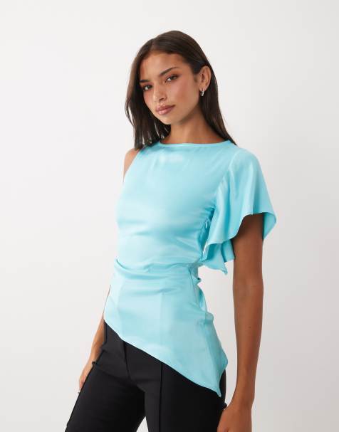 ASOS DESIGN top asimmetrico con maniche a cascata in raso - view 1