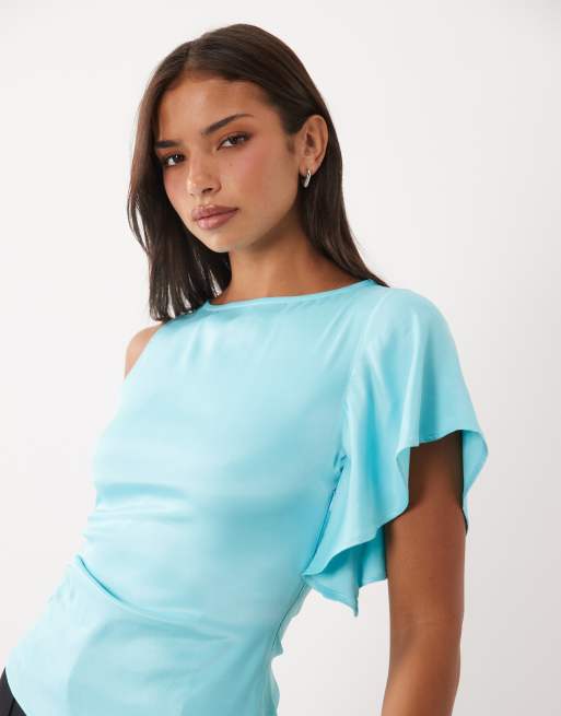 ASOS DESIGN top asimmetrico con maniche a cascata in raso, 4 di 4