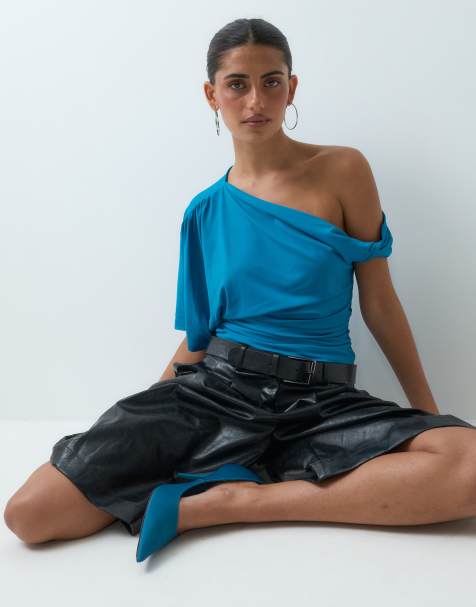 ASOS DESIGN top asimmetrico con maniche fluide in turchese - view 1