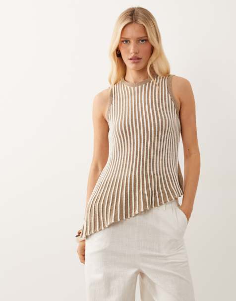 ASOS DESIGN - Top asimmetrico in maglia a pieghe color moka a righe - view 1