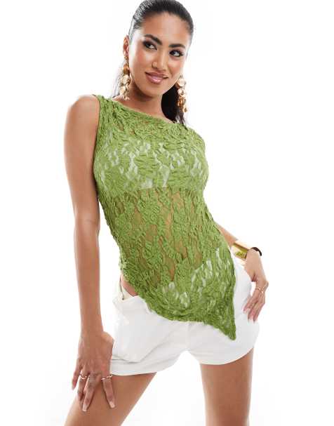 ASOS DESIGN - Top asimmetrico in pizzo color kaki trasparente - view 1
