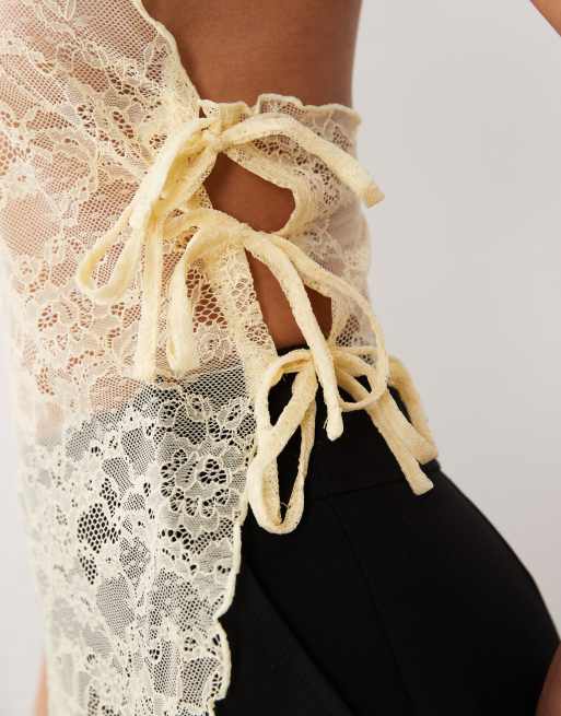 ASOS DESIGN - Top asimmetrico in pizzo giallo con laccetti laterali, 4 di 4