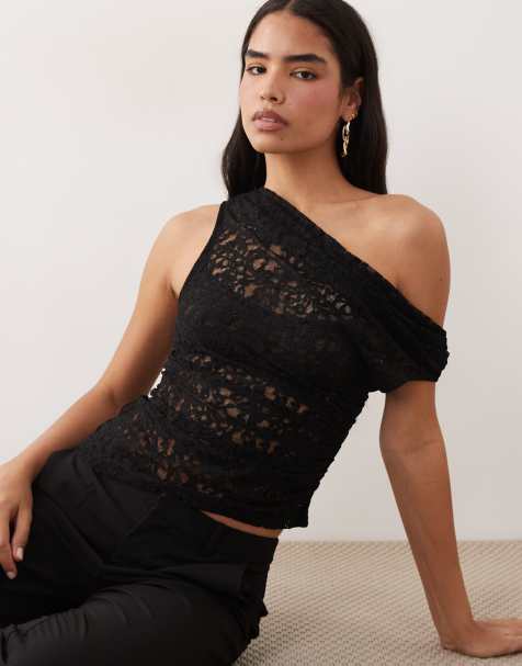 ASOS DESIGN - Top asimmetrico in pizzo trasparente arricciato ner - view 1