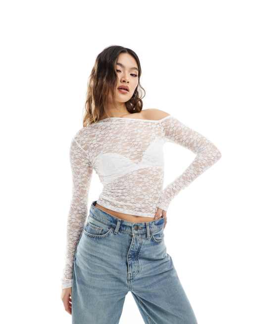 ASOS DESIGN - Top asimmetrico in pizzo trasparente color avorio