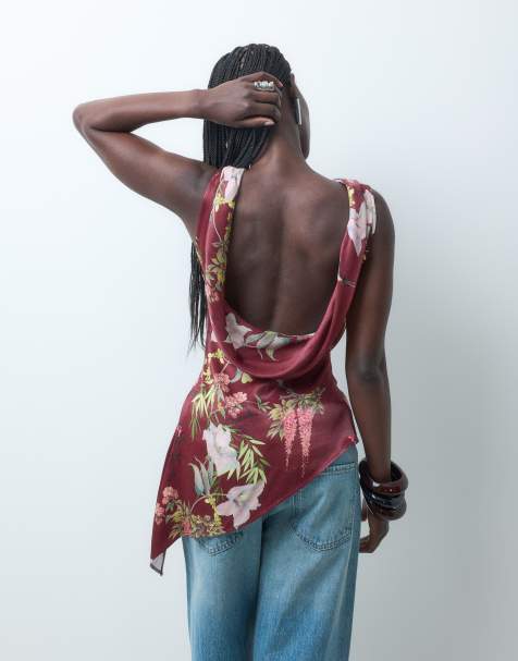 ASOS DESIGN top asimmetrico in raso con schiena bassa e stampa floreale - view 1