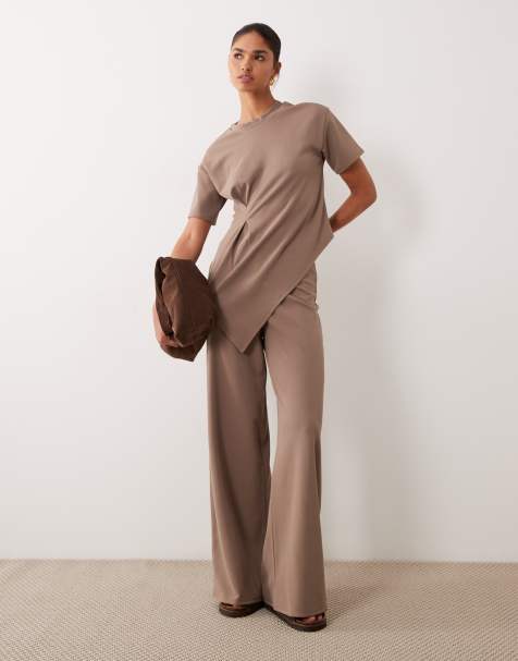 ASOS DESIGN - Top asimmetrico in twill di jersey color pietra con pieghe in coordinato - view 1