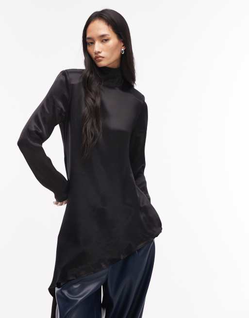 ASOS DESIGN - Top asimmetrico taglio lungo in raso nero con collo a imbuto