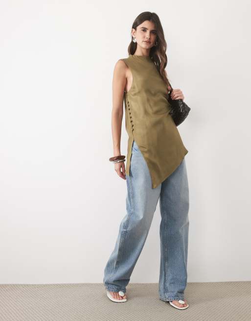 ASOS DESIGN top asymétrique à col montant drapé en olive, 3 de 4