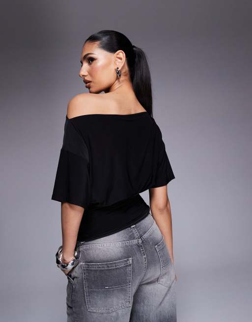 ASOS DESIGN asymmetric one-shoulder short sleeve top with cinch waist detail in black