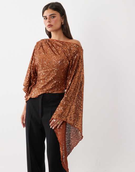 ASOS DESIGN top asymétrique à manches drapées à sequins couleur rouille, 2 de 4