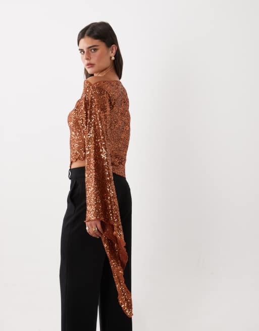 ASOS DESIGN top asymétrique à manches drapées à sequins couleur rouille, 3 de 4