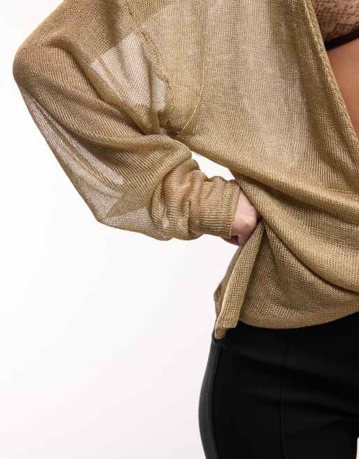 ASOS DESIGN - Top asymétrique à manches longues et décolleté plongeant - Doré métallisé, 4 de 4