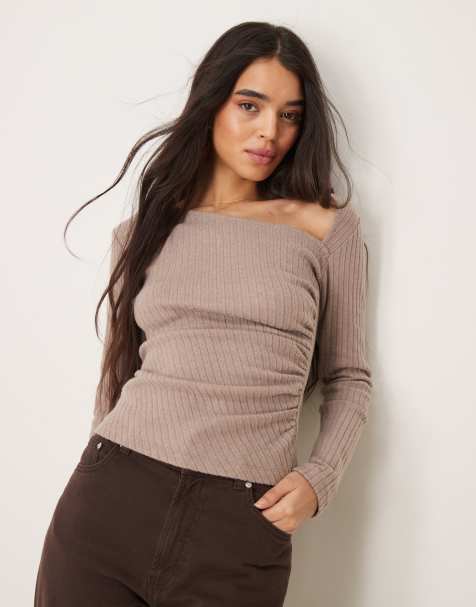 ASOS DESIGN - Top asymétrique côtelé à fronces - Vison chiné - view 1