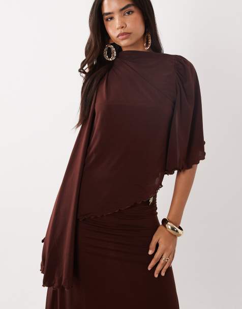 ASOS DESIGN - Top asymétrique d'ensemble en mousseline stretch drapée avec bordure - Chocolat - view 1