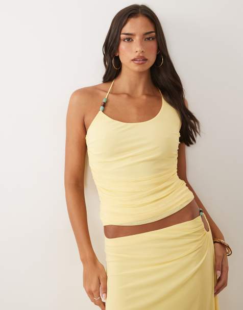 ASOS DESIGN - Top asymétrique d'ensemble en tulle avec perles - Citron - view 1