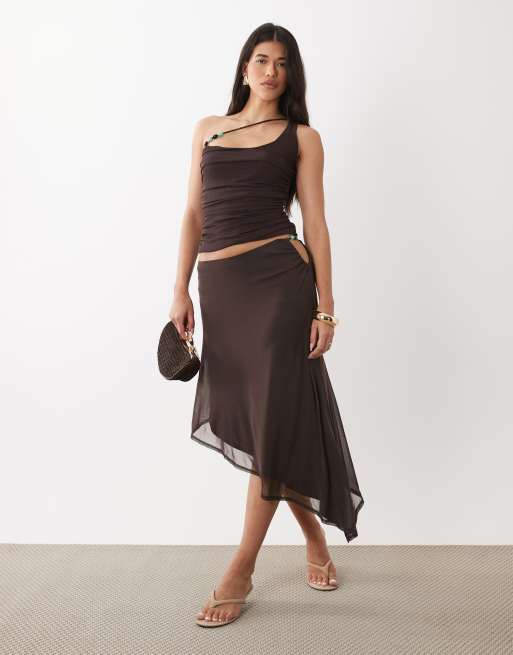 ASOS DESIGN - Top asymétrique d'ensemble en tulle avec perles - Marron, 3 de 4