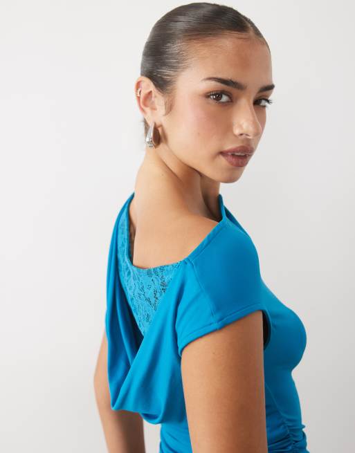 ASOS DESIGN top asymétrique dos drapé avec empiècement en dentelle bleu canard, 4 de 4