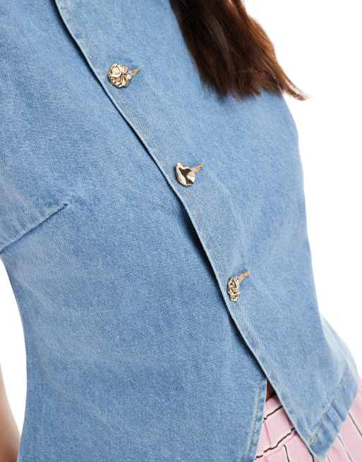 ASOS DESIGN - Top asymétrique effet croisé à l'avant avec boutons dorés - Bleu moyen léger, 2 de 4