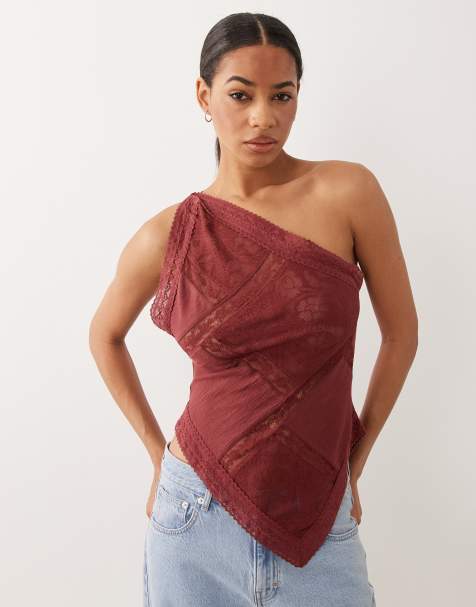 ASOS DESIGN - Top asymétrique effet froissé en dentelle mélangée - Rouille - view 1