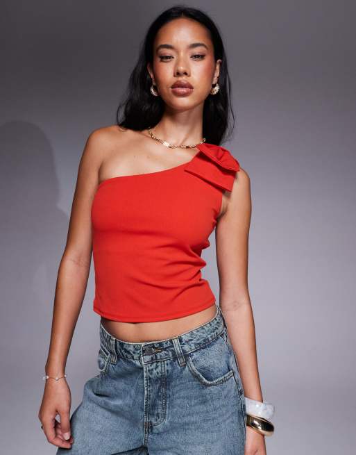 ASOS DESIGN - Top asymétrique en crêpe imitation néoprène avec nœud - Rouge, 4 de 4