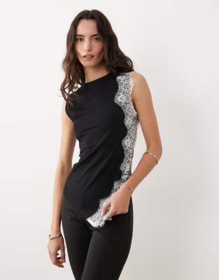 Top asymétrique en jersey avec détails en dentelle - Noir et blanc S