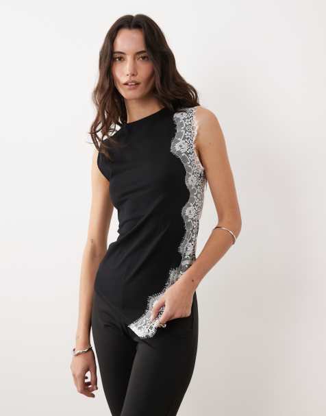 ASOS DESIGN - Top asymétrique en jersey avec détails en dentelle - Noir et blanc - view 1