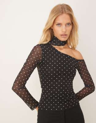 Top asymétrique en tulle à pois avec manches longues et foulard - Noir M