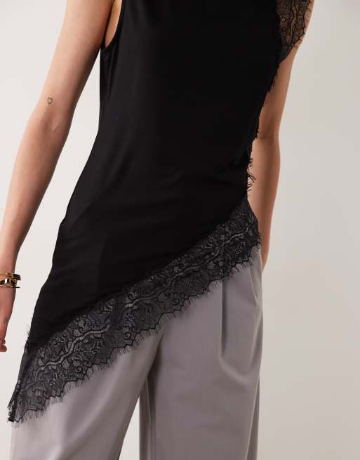 ASOS DESIGN top asymétrique fluide avec bordure en dentelle noir, 4 de 4