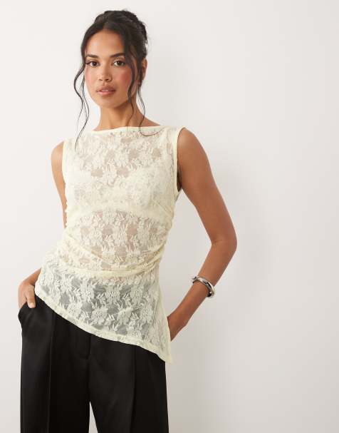 ASOS DESIGN - Top asymétrique sans manches froncé sur le côté en dentelle - Jaune - view 1