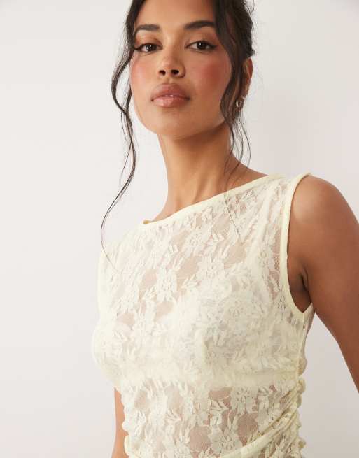 ASOS DESIGN - Top asymétrique sans manches froncé sur le côté en dentelle - Jaune, 3 de 4