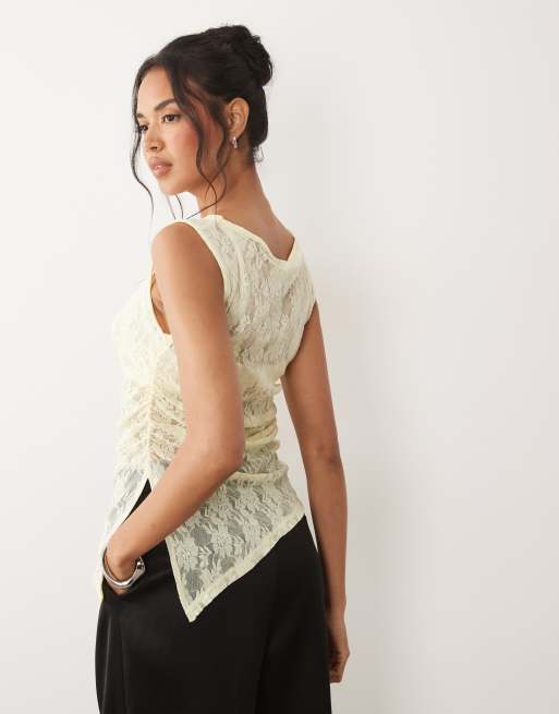ASOS DESIGN - Top asymétrique sans manches froncé sur le côté en dentelle - Jaune, 4 de 4