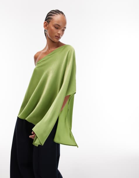 ASOS DESIGN - Top asymétrique style cape en satin - Vert - view 1