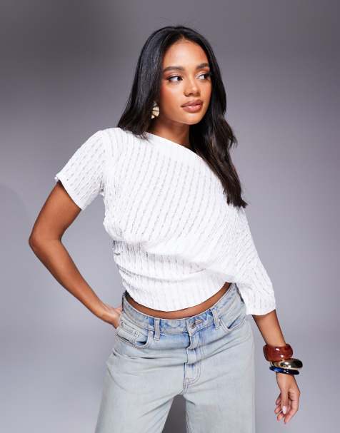 ASOS DESIGN - Top asymétrique texturé à manches courtes et taille cintrée - Ivoire - view 1