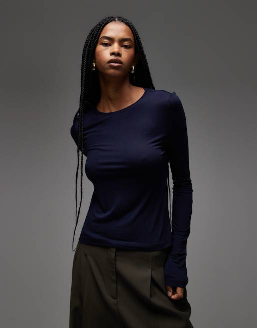 ASOS DESIGN - Top attillato a maniche lunghe semitrasparente blu navy