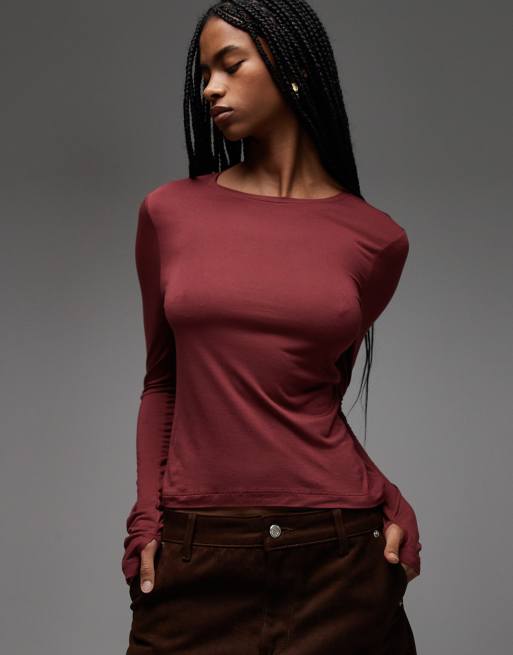 ASOS DESIGN - Top attillato a maniche lunghe semitrasparente color mora