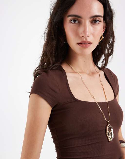 ASOS DESIGN – Top aus Baumwolle in Schokobraun mit quadratischem Ausschnitt und Kappärmeln, 3 von 4