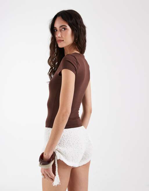 ASOS DESIGN – Top aus Baumwolle in Schokobraun mit quadratischem Ausschnitt und Kappärmeln, 4 von 4