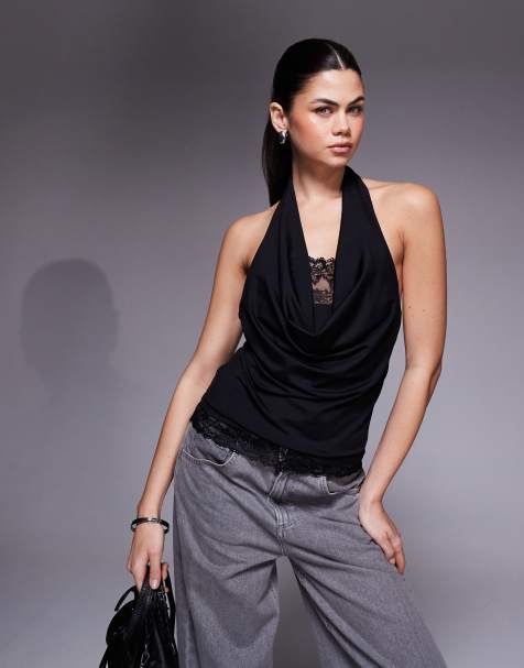 ASOS DESIGN - Top avec col bénitier et double épaisseur en dentelle - Noir - view 1