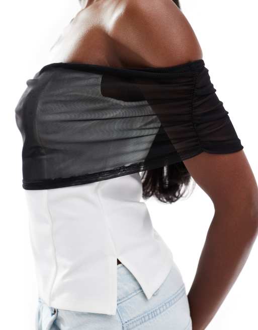 ASOS DESIGN - Top avec encolure bardot contrastante en tulle - Crème/noir, 2 de 4