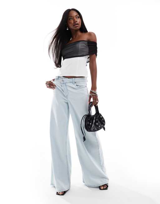 ASOS DESIGN - Top avec encolure bardot contrastante en tulle - Crème/noir, 3 de 4