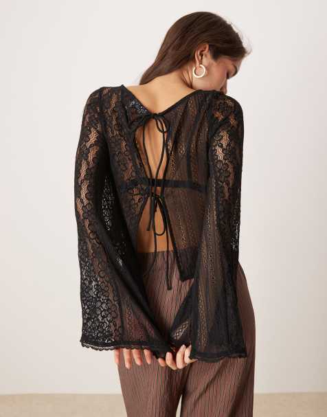 ASOS DESIGN - Top avec liens et manches évasées en dentelle mélangées - Noir - view 1