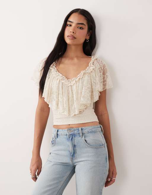 ASOS DESIGN - Top avec volant froncé en dentelle - Crème, 2 de 4