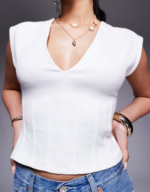 ASOS DESIGN - Top avorio in tessuto ponte stretto in vita con pieghe e scollo profondo, 2 di 4