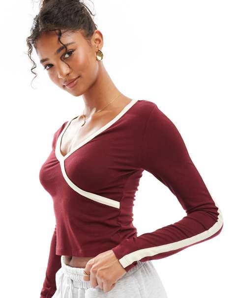 ASOS DESIGN - Top avvolgente a maniche lunghe color vinaccia con profili a contrasto sportivi - view 1