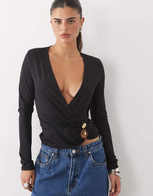 ASOS DESIGN top avvolgente con dettagli metallici in poliammide nero, 1 di 4
