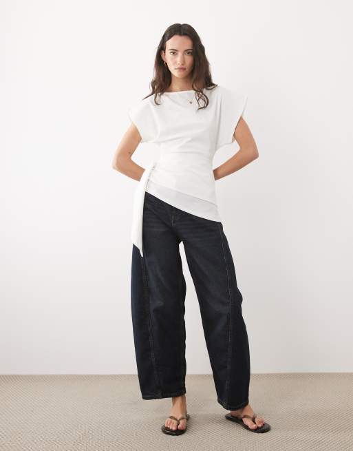 ASOS DESIGN - Top avvolgente in vita con scollo a barchetta bianco, 2 di 4