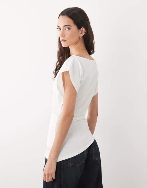 ASOS DESIGN - Top avvolgente in vita con scollo a barchetta bianco, 4 di 4