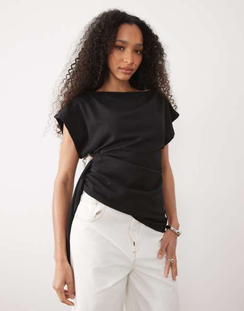 ASOS DESIGN - Top avvolgente in vita con scollo a barchetta nero - view 1