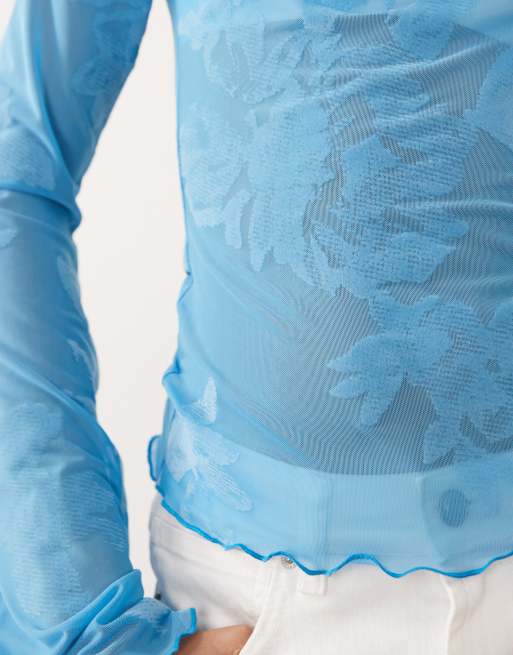 ASOS DESIGN - Top azul asimétrico con mangas ángel y estampado floral flocado, 3 de 4
